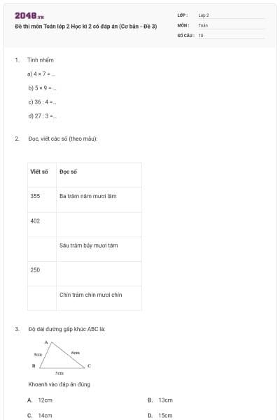 Đề thi môn Toán lớp 2 Học kì 2 có đáp án (Cơ bản - Đề 3)