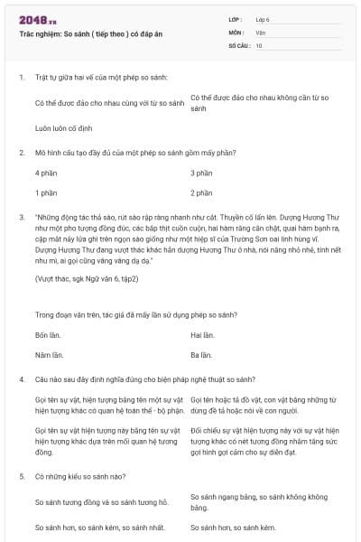 Trắc nghiệm: So sánh ( tiếp theo ) có đáp án