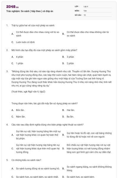 Trắc nghiệm: So sánh ( tiếp theo ) có đáp án