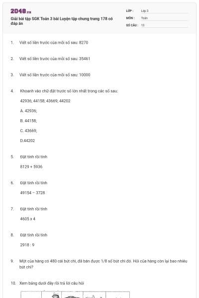 Giải bài tập SGK Toán 3 bài Luyện tập chung trang 178 có đáp án