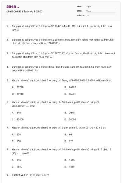 Đề thi Cuối kì 1 Toán lớp 4 (Đề 3)