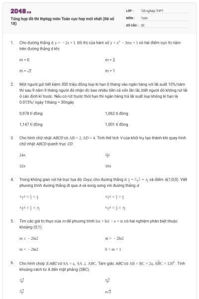 Tổng hợp đề thi thptqg môn Toán cực hay mới nhất (Đề số 18)
