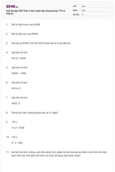 Giải bài tập SGK Toán 3 bài Luyện tập chung trang 179 có đáp án