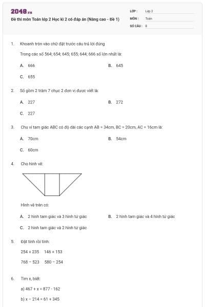 Đề thi môn Toán lớp 2 Học kì 2 có đáp án (Nâng cao - Đề 1)