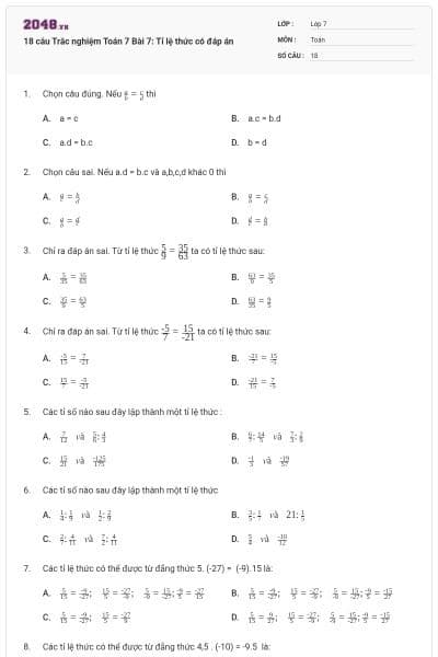 18 câu Trắc nghiệm Toán 7 Bài 7: Tỉ lệ thức có đáp án