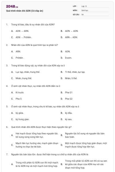 Quá trình nhân đôi ADN (Có đáp án)
