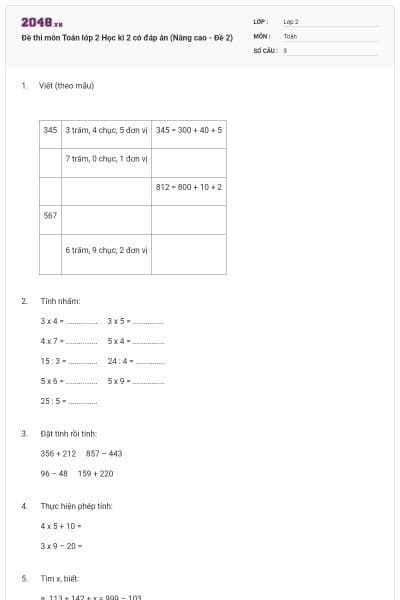 Đề thi môn Toán lớp 2 Học kì 2 có đáp án (Nâng cao - Đề 2)