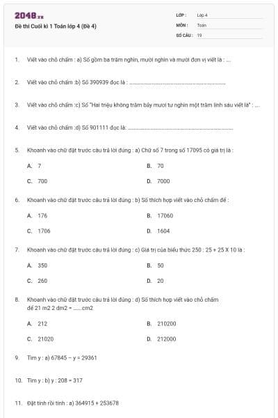 Đề thi Cuối kì 1 Toán lớp 4 (Đề 4)