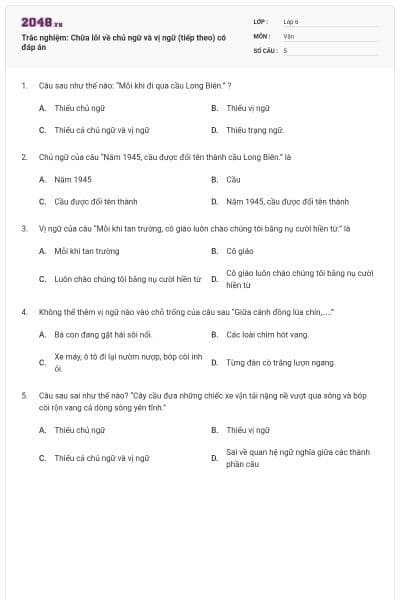 Trắc nghiệm: Chữa lỗi về chủ ngữ và vị ngữ (tiếp theo) có đáp án