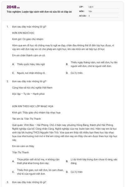 Trắc nghiệm: Luyện tập cách viết đơn và sửa lỗi có đáp án