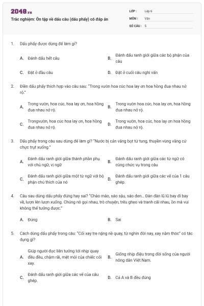 Trắc nghiệm: Ôn tập về dấu câu (dấu phẩy) có đáp án