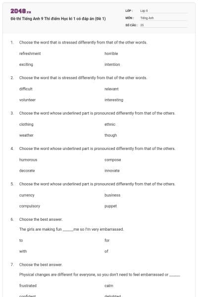 Đề thi Tiếng Anh 9 Thí điểm Học kì 1 có đáp án (Đề 1)