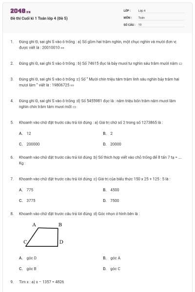Đề thi Cuối kì 1 Toán lớp 4 (Đề 5)