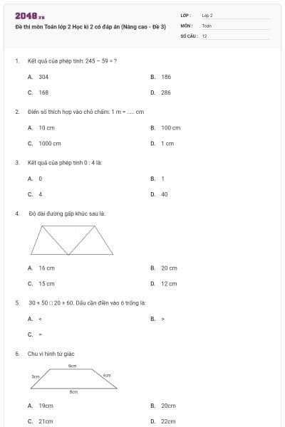 Đề thi môn Toán lớp 2 Học kì 2 có đáp án (Nâng cao - Đề 3)