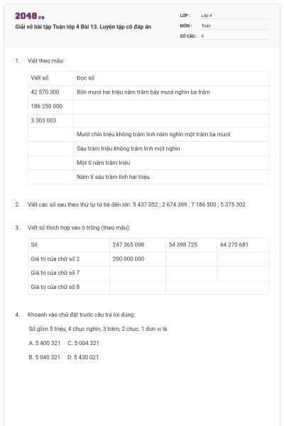 Giải vở bài tập Toán lớp 4 Bài 13. Luyện tập có đáp án