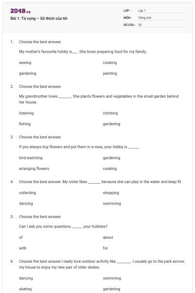 Bài 1: Từ vựng – Sở thích của tôi