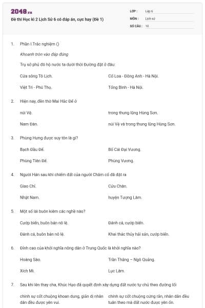 Đề thi Học kì 2 Lịch Sử 6 có đáp án, cực hay (Đề 1)