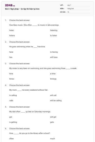 Bài 2: Ngữ pháp – ôn tập thì hiện tại đơn