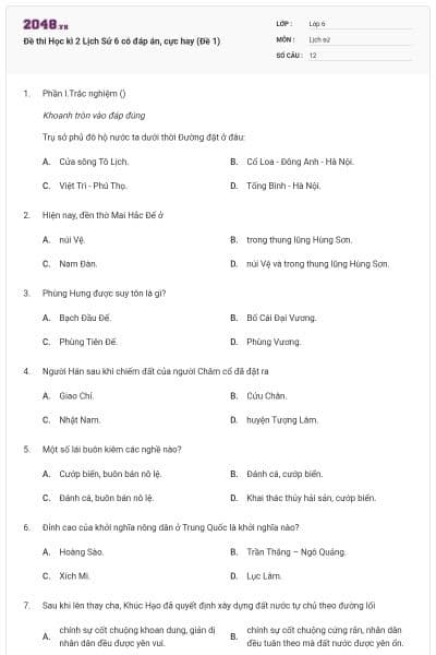 Đề thi Học kì 2 Lịch Sử 6 có đáp án, cực hay (Đề 1)