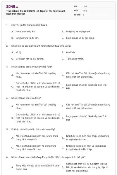 Trắc nghiệm Địa Lí 8 Bài 20 (có đáp án): Khí hậu và cảnh quan trên Trái Đất