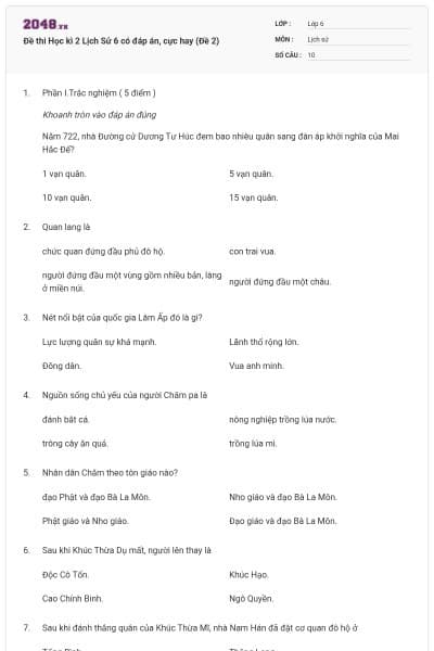 Đề thi Học kì 2 Lịch Sử 6 có đáp án, cực hay (Đề 2)
