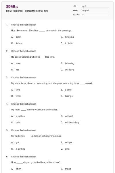 Bài 2: Ngữ pháp – ôn tập thì hiện tại đơn