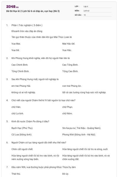Đề thi Học kì 2 Lịch Sử 6 có đáp án, cực hay (Đề 3)