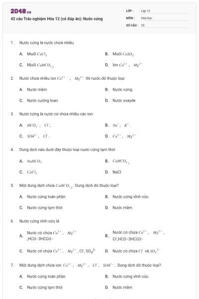 42 câu Trắc nghiệm Hóa 12 (có đáp án): Nước cứng