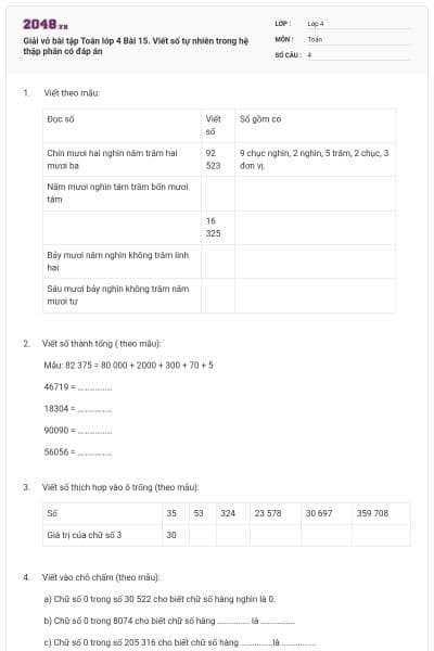 Giải vở bài tập Toán lớp 4 Bài 15. Viết số tự nhiên trong hệ thập phân có đáp án