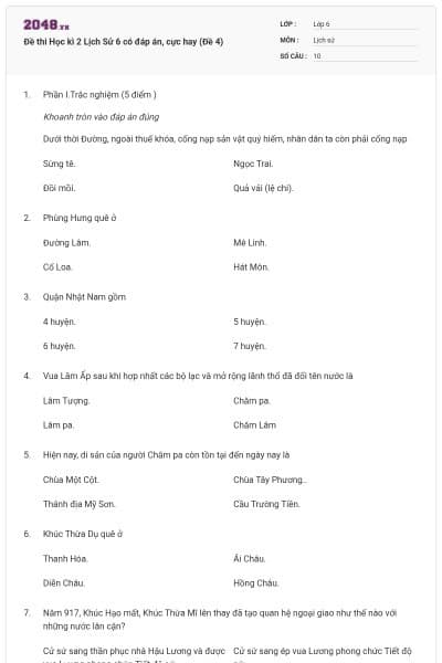 Đề thi Học kì 2 Lịch Sử 6 có đáp án, cực hay (Đề 4)
