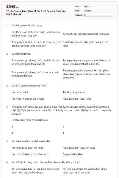 25 câu Trắc nghiệm Sinh 11 Bài 7 (có đáp án): Tưới tiêu hợp lí cho cây