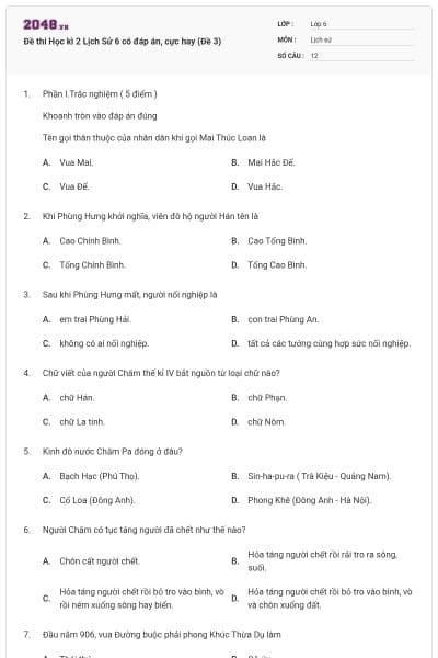 Đề thi Học kì 2 Lịch Sử 6 có đáp án, cực hay (Đề 3)
