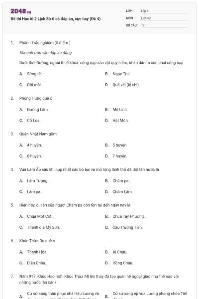 Đề thi Học kì 2 Lịch Sử 6 có đáp án, cực hay (Đề 4)