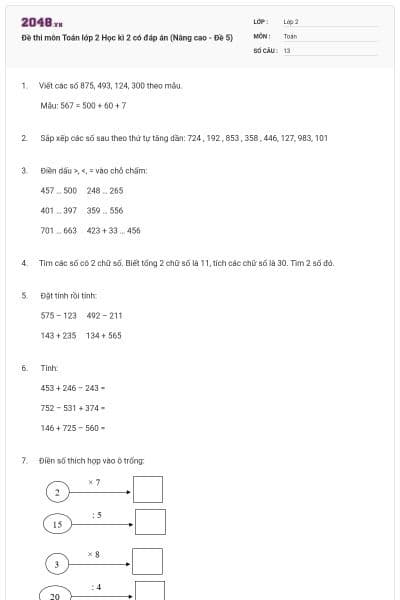 Đề thi môn Toán lớp 2 Học kì 2 có đáp án (Nâng cao - Đề 5)