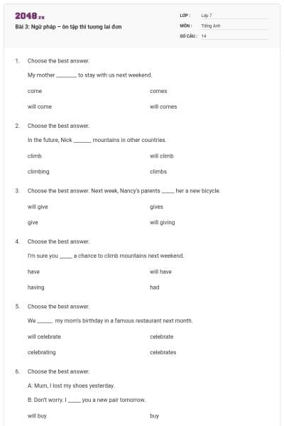 Bài 3: Ngữ pháp – ôn tập thì tương lai đơn