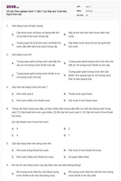 25 câu Trắc nghiệm Sinh 11 Bài 7 (có đáp án): Tưới tiêu hợp lí cho cây