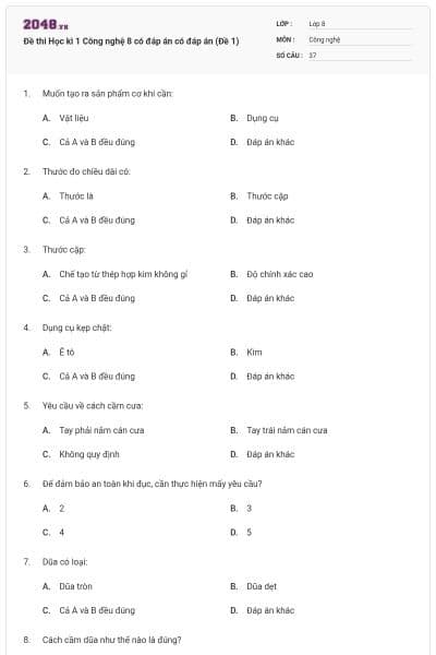 Đề thi Học kì 1 Công nghệ 8 có đáp án có đáp án (Đề 1)