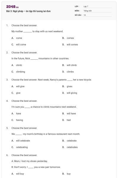 Bài 3: Ngữ pháp – ôn tập thì tương lai đơn