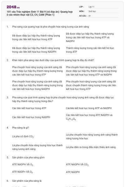 101 câu Trắc nghiệm Sinh 11 Bài 9 (có đáp án): Quang hợp ở các nhóm thực vật C3, C4, CAM (Phần 1)
