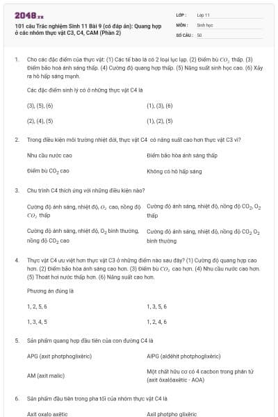 101 câu Trắc nghiệm Sinh 11 Bài 9 (có đáp án): Quang hợp ở các nhóm thực vật C3, C4, CAM (Phần 2)
