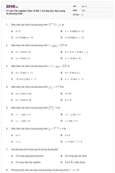 21 câu  Trắc nghiệm Toán 10 Bài 1 (có đáp án): Đại cương về phương trình
