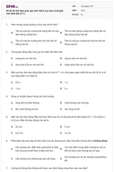 30 đề thi thử thpt quốc gia môn Vật lí cực hay có lời giải mới nhất (Đề số 7)