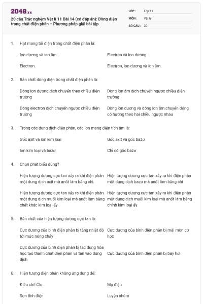 20 câu  Trắc nghệm Vật lí 11 Bài 14 (có đáp án): Dòng điện trong chất điện phân – Phương pháp giải bài tập