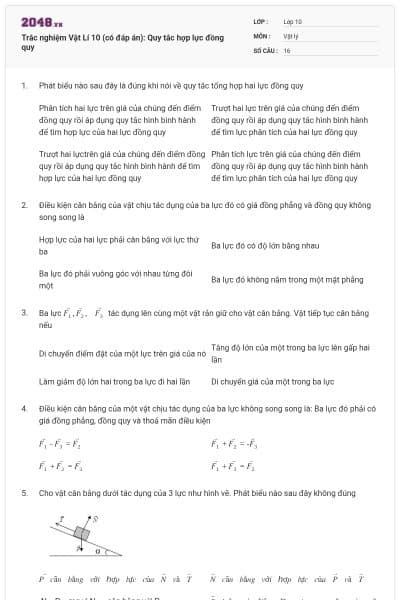 Trắc nghiệm Vật Lí 10 (có đáp án): Quy tắc hợp lực đồng quy
