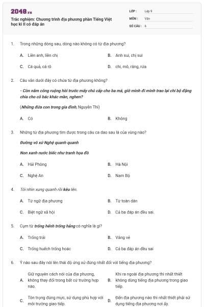 Trắc nghiệm: Chương trình địa phương phần Tiếng Việt học kì II có đáp án