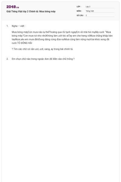 Giải Tiếng Việt lớp 2 Chính tả: Mưa bóng mây