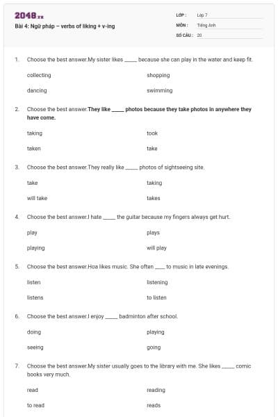 Bài 4: Ngữ pháp – verbs of liking + v-ing