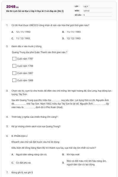 Đề thi Lịch Sử và Địa Lí lớp 4 Học kì 2 có đáp án (Đề 2)