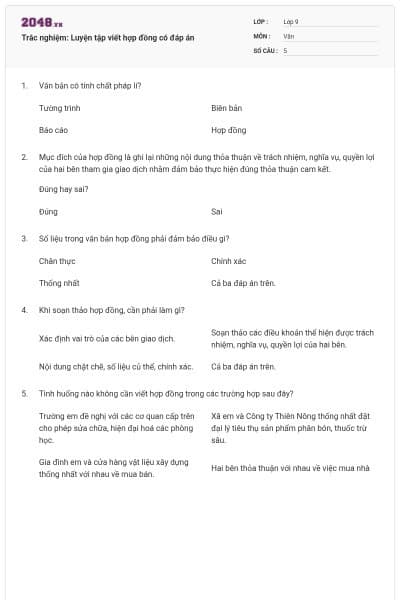 Trắc nghiệm: Luyện tập viết hợp đồng có đáp án