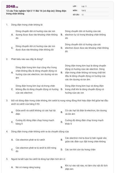 12 câu  Trắc nghệm Vật lí 11 Bài 16 (có đáp án): Dòng điện trong chân không